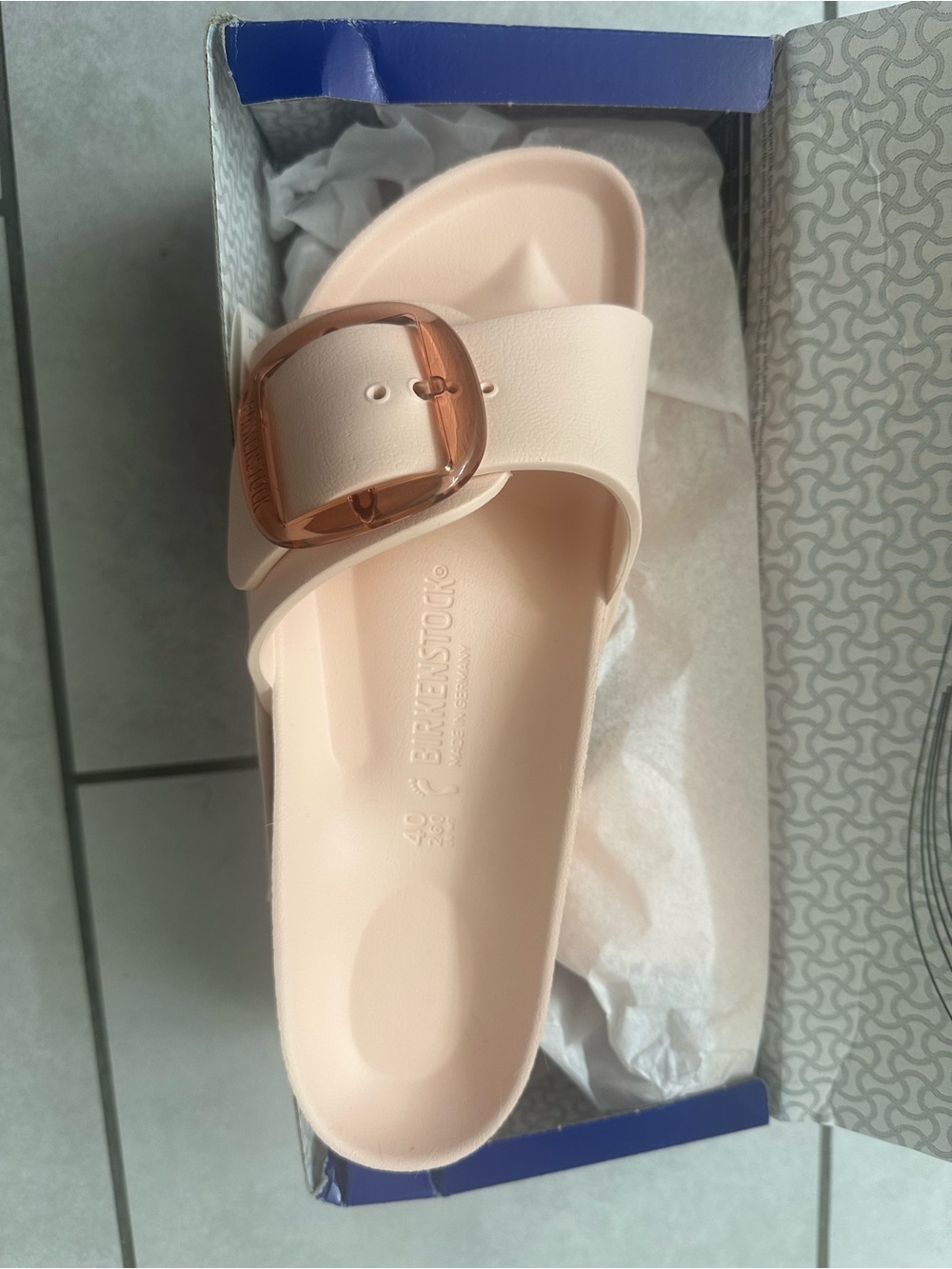 Birkenstock Women's Madrid EVA Slide Sandal — Light Blush with Rose-Tone Buckle